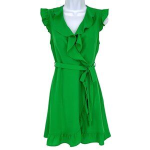Monteau Green Ruffled Wrap Midi Dress Flutter Sleeve Size Small